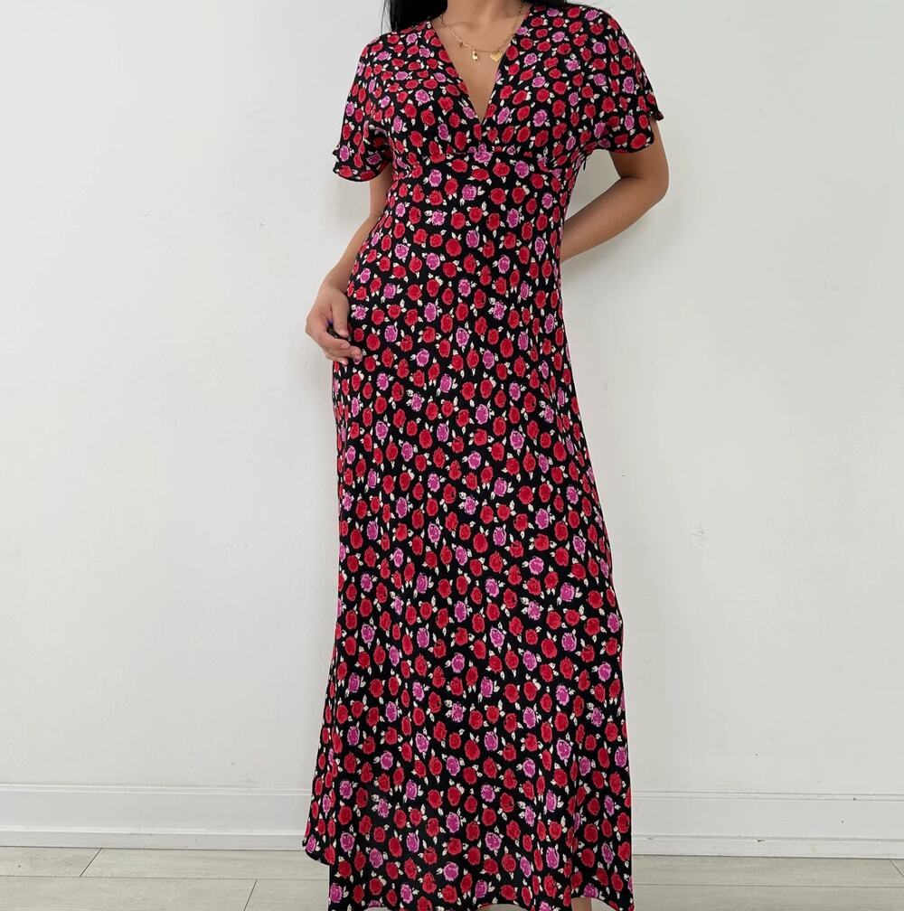 ZARA Floral Print Maxi Dress Size L Red Pink Black V-Neck Short Sleeve A-Line